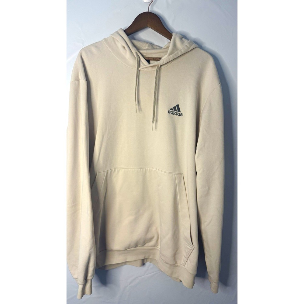 adidas Men's Beige Solid Fleece Pullover Hoodie Logo Pocket Drawstring 2XL